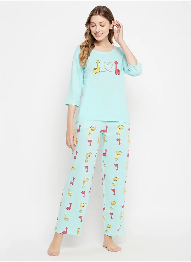 Clovia Clovia Dinosaur Print Top & Pyjama Set in Baby Blue - 100% Cotton