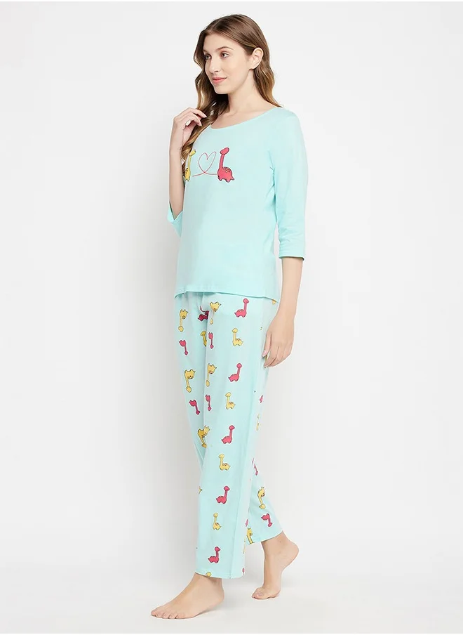 Clovia Clovia Dinosaur Print Top & Pyjama Set in Baby Blue - 100% Cotton