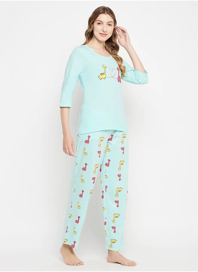 Clovia Clovia Dinosaur Print Top & Pyjama Set in Baby Blue - 100% Cotton