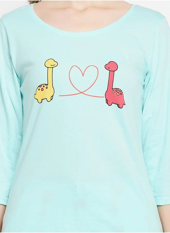 Clovia Clovia Dinosaur Print Top & Pyjama Set in Baby Blue - 100% Cotton