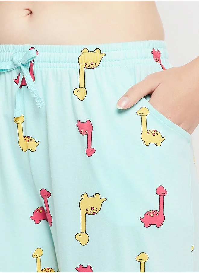 Clovia Clovia Dinosaur Print Top & Pyjama Set in Baby Blue - 100% Cotton