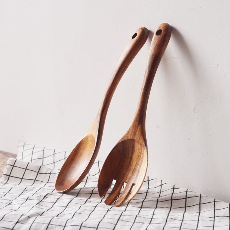 2pcs Spoon Salad Dinner Serving Spoons Server Wood Fork Spoon Cutlery Set Utensils Tableware - Image 3