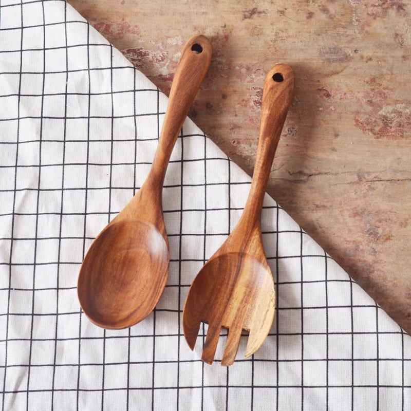 2pcs Spoon Salad Dinner Serving Spoons Server Wood Fork Spoon Cutlery Set Utensils Tableware - Image 4