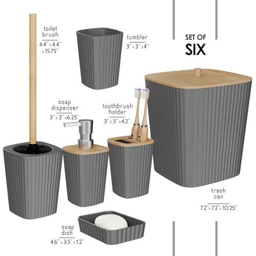 Clara Clark Bathroom Set Grey Bathroom Accessories Set 6PC Bathroom Accessory Set Bathroom Sets with Toilet Brush Trash Can Soap Dispenser - Image 3