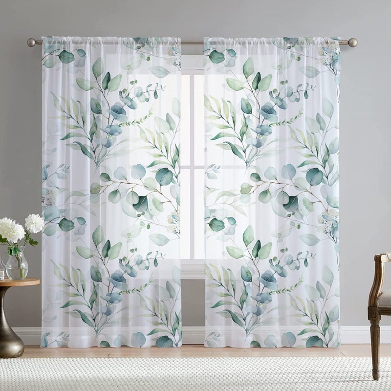 Fereyis Green Eucalyptus Leaves Curtains for Living Room 84 inch Length 2 Panels Set Elegant Floral Plant Spring Printed Window Curtain Natural Sheer Curtains Chiffon Drapes for Bedroom - Image 1