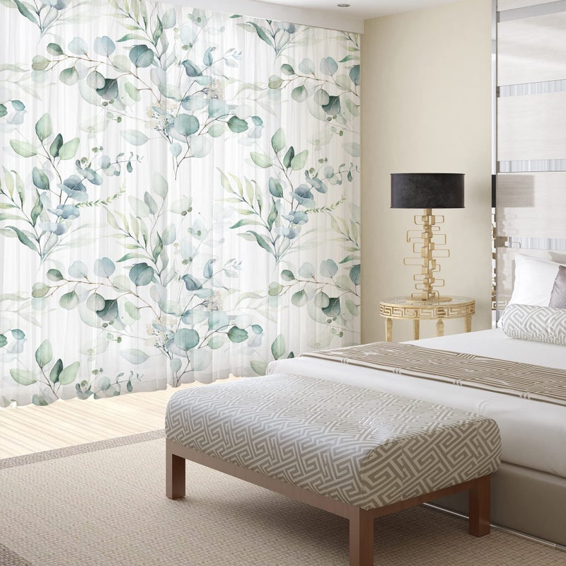 Fereyis Green Eucalyptus Leaves Curtains for Living Room 84 inch Length 2 Panels Set Elegant Floral Plant Spring Printed Window Curtain Natural Sheer Curtains Chiffon Drapes for Bedroom - Image 2