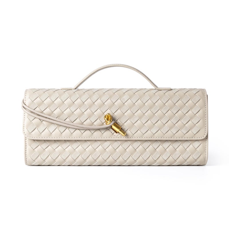 Joryin Woven Purse For Women Evening Clutch Woven Leather Handbags Crossbody Bag Suede Purse Formal Evening Bag, Seashell Beige - Image 1