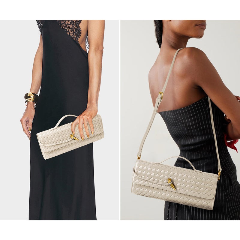Joryin Woven Purse For Women Evening Clutch Woven Leather Handbags Crossbody Bag Suede Purse Formal Evening Bag, Seashell Beige - Image 2