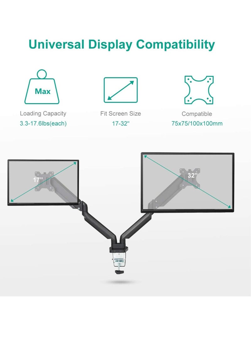 Dual Monitor Mount Stand - Height Adjustable Monitor Arm Stand Fully Articulating Counterbalance Gas Spring Desk Mount for Two 17 to 32 inch Screens - Image 5