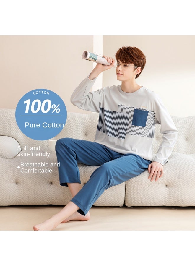 Fenton Cotton】comfortable Men's Round Neck Long Sleeve Casual Wear Home Outfit Pajama Set - Image 2