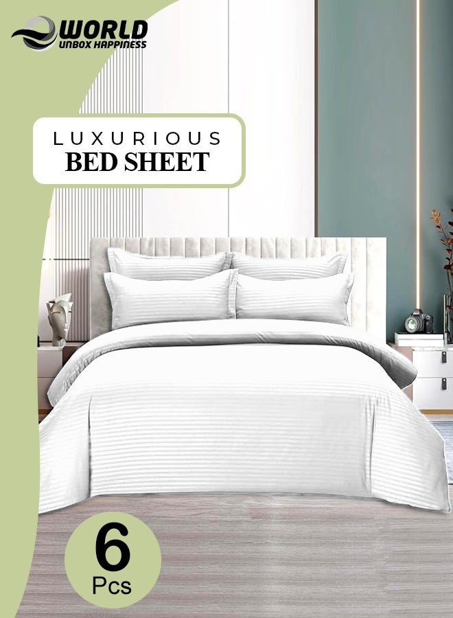 Eworld 6-Piece Premium King Size Bedding Set, White Striped Design and High-Quality Cotton Hotel Luxury Bedsheet, Soft Quilt Cover and Pillowcases - Image 1