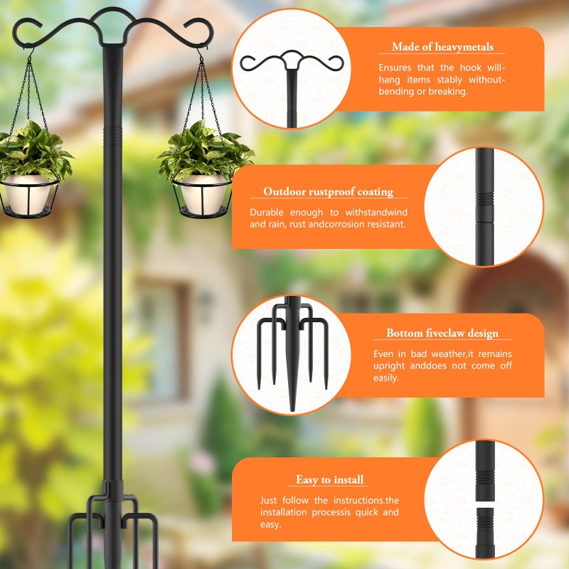 SINLEY 2 Pack 90 inch Double Shepherds Hook for Outdoor with 5 Prong Base Heavy Duty Two Sided Bird Feeder Pole for Hanging Lantern,Hummingbird Feeder,Lightweight Plant,Shepherds Hook - Image 5