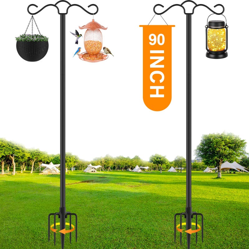 SINLEY 2 Pack 90 inch Double Shepherds Hook for Outdoor with 5 Prong Base Heavy Duty Two Sided Bird Feeder Pole for Hanging Lantern,Hummingbird Feeder,Lightweight Plant,Shepherds Hook - Image 1
