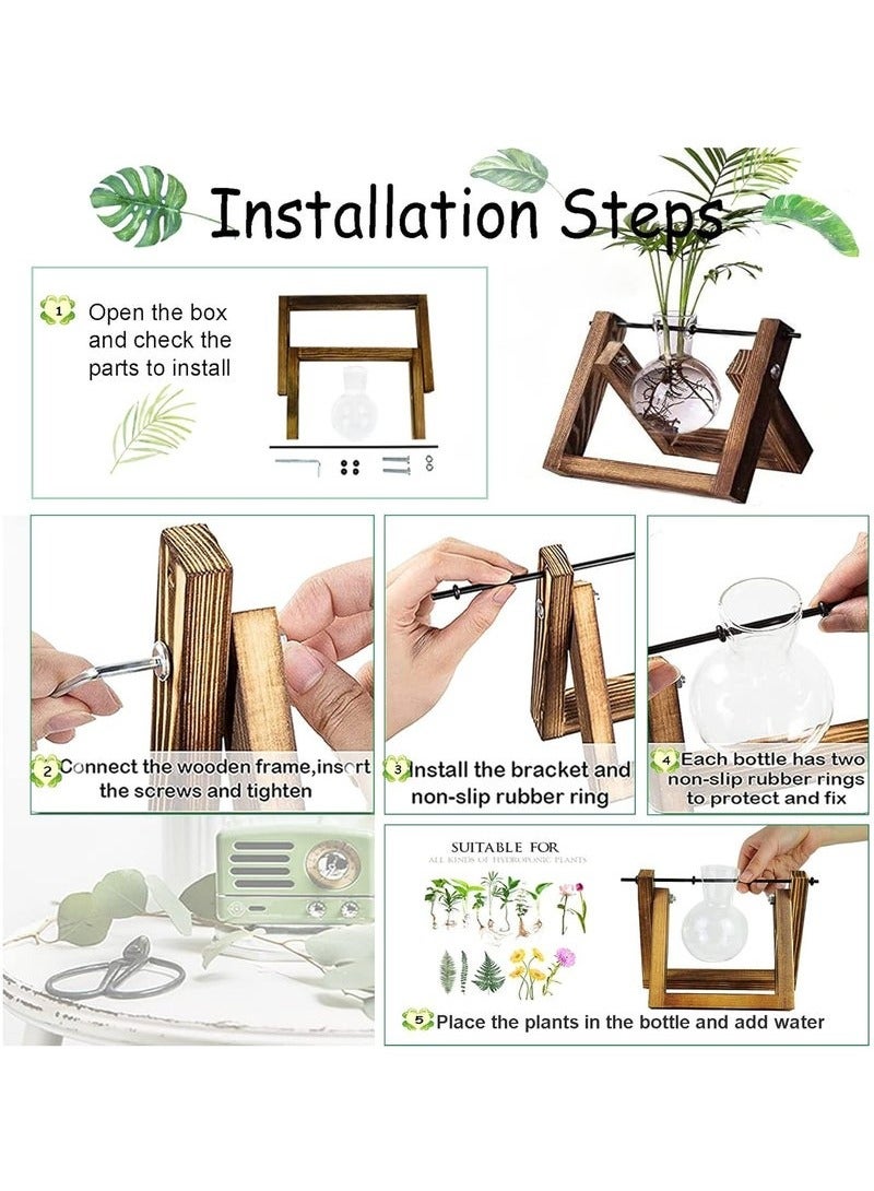 Arabest تيراريوم نباتي مع قاعدة خشبية، مزهرية زجاجية للزراعة المكتبية مع قاعدة خشبية عتيقة وتيراريوم نباتي (2 لمبة) لتزيين مكتب داخلي (1 لمبة) - Image 5