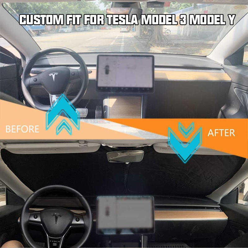 ROCCS Compatible with Tesla Model 3 Model Y Front Windshield Sunshade - 210T Double Layer Blocking Fabric Foldable Heat Shield Sun Visor - Folding Sun Shade with Elastic Rope and Storage Bag 2016-2026 - Image 2