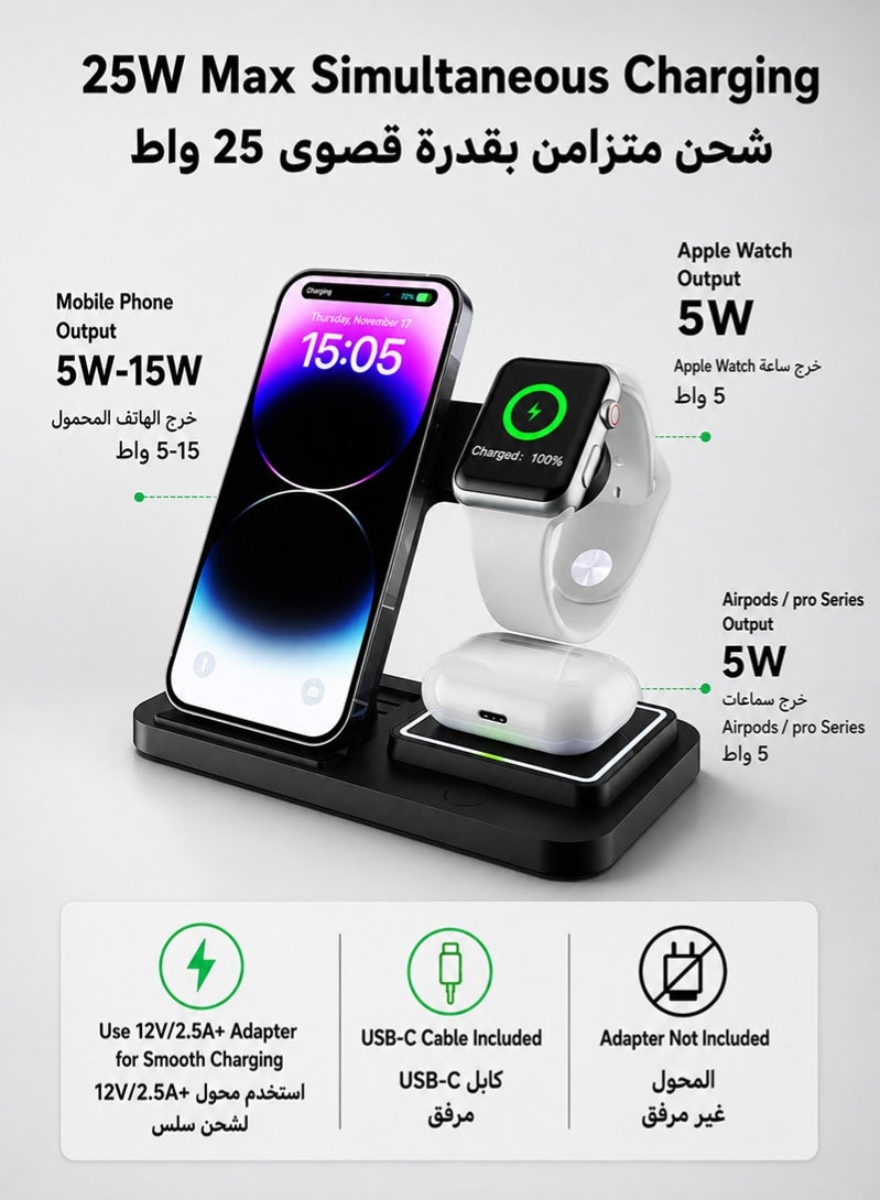 ZAFRA 3 in 1 Wireless Charger iPhone Charging Station - Phone Charger Stand for Multiple Devices, Wireless Charging Station for iPhone 17/16/15/14/13/12/11/X, Apple Watches & for Airpods 4/3/2/Pro, Samsung/Huawei/Xiaomi, Black - Image 2