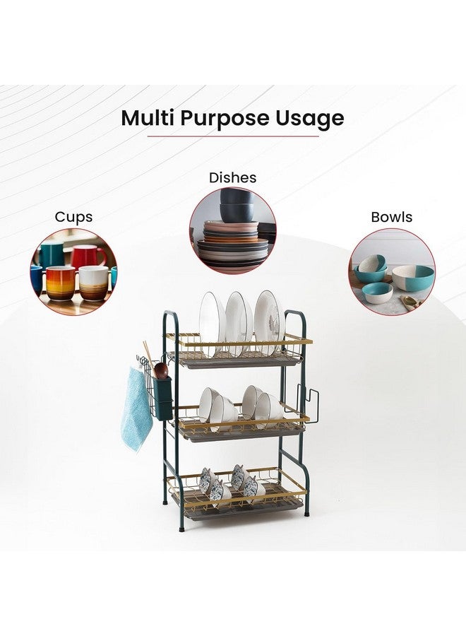 Kuber Industries 3-Layer Dish Drying Rack|Storage Rack for Kitchen Counter|Drainboard & Cutting Board Holder|Premium Utensils Basket (Dark Green & Gold) - Image 3