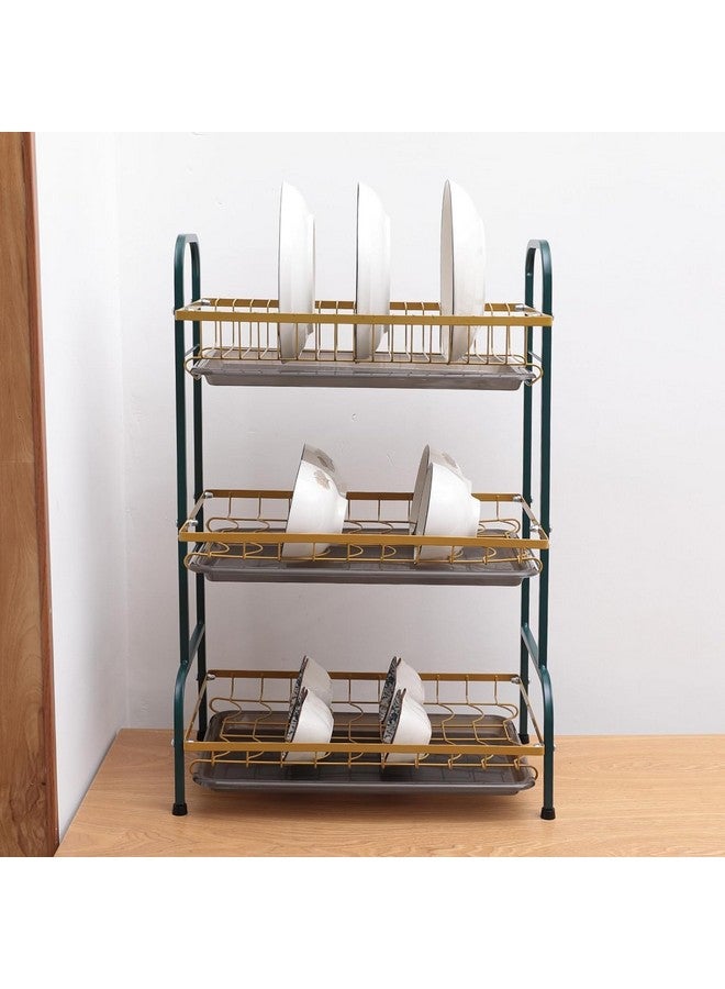 Kuber Industries 3-Layer Dish Drying Rack|Storage Rack for Kitchen Counter|Drainboard & Cutting Board Holder|Premium Utensils Basket (Dark Green & Gold) - Image 1