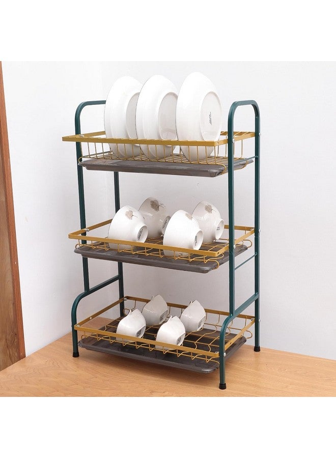 Kuber Industries 3-Layer Dish Drying Rack|Storage Rack for Kitchen Counter|Drainboard & Cutting Board Holder|Premium Utensils Basket (Dark Green & Gold) - Image 2
