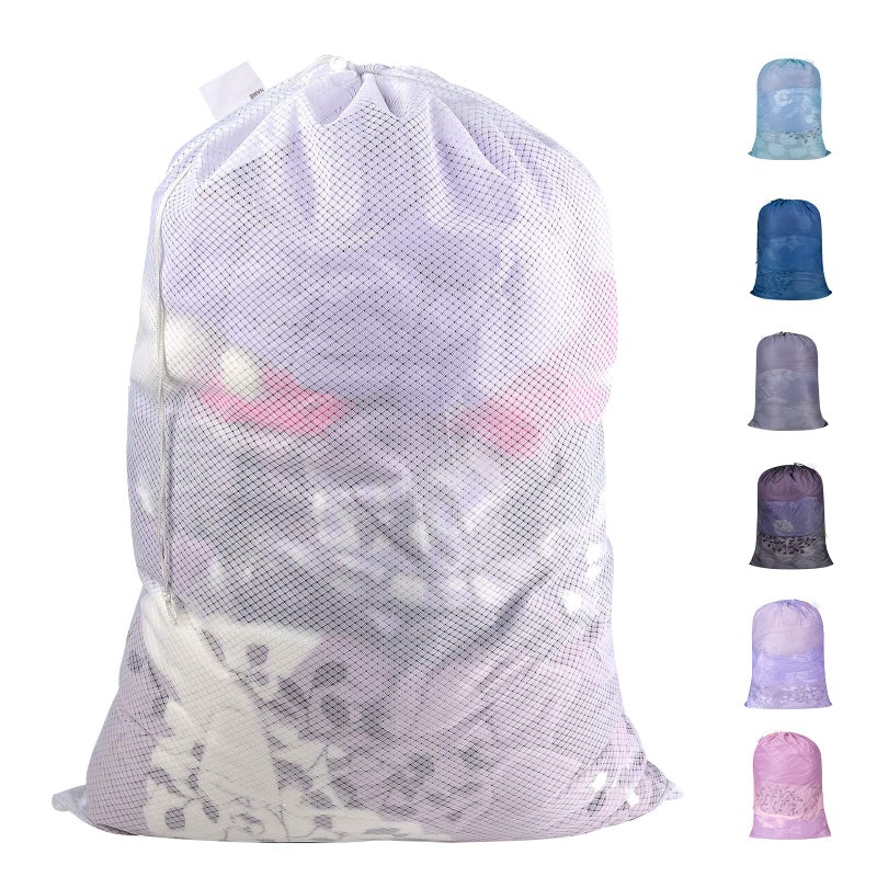 Polecasa Heavy Duty Diamond Mesh Laundry Bags with Drawstring Closure and ID Tag Large Durable Laundry Hamper Liner Washable Laundry Bag for Travel Sports Dorms 24x 36 1 Pack  White