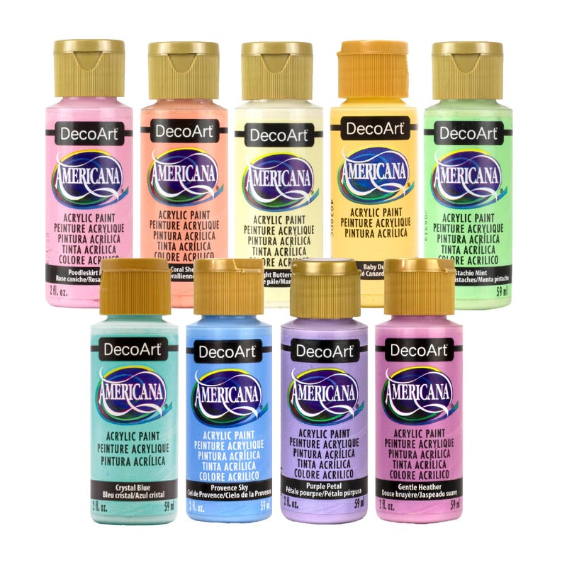 DecoArt Americana Acrylic Paint Set â€“ Essential Pastel Colors, 9 Bottles (2 fl oz) â€“ Art and Craft Acrylic Paints for Canvas, Wood, and More - Image 1