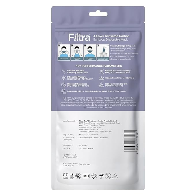 Filtra ® 4-Ply Ear Loop Activated Carbon Mask - High Filtration | Breathable | Adsorbs Smells | Hypoallergenic | Fluid Repellent | Improved & Enhanced Courier Packing - Image 3