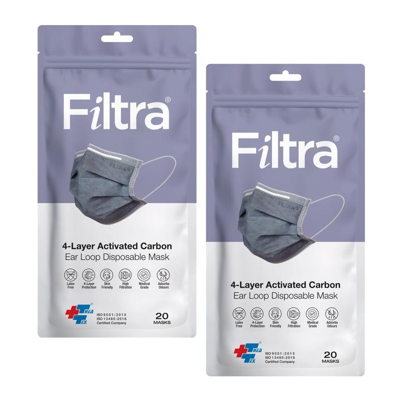 Filtra ® 4-Ply Ear Loop Activated Carbon Mask - High Filtration | Breathable | Adsorbs Smells | Hypoallergenic | Fluid Repellent | Improved & Enhanced Courier Packing - Image 1