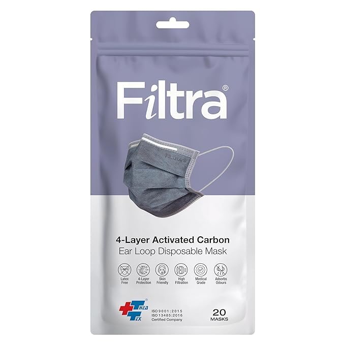 Filtra ® 4-Ply Ear Loop Activated Carbon Mask - High Filtration | Breathable | Adsorbs Smells | Hypoallergenic | Fluid Repellent | Improved & Enhanced Courier Packing - Image 2