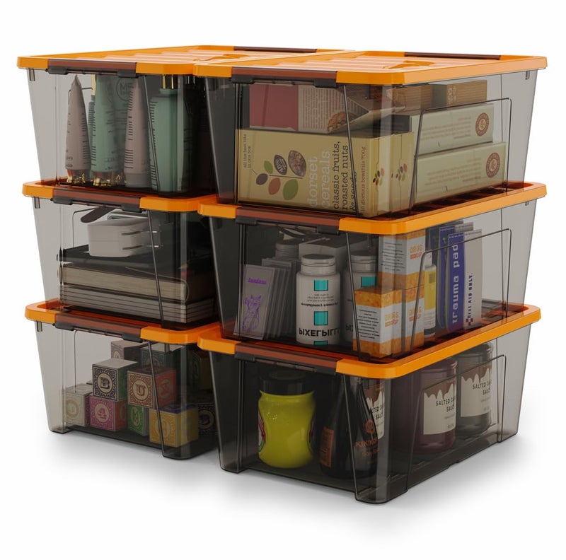 WYT 5-Quart Small Storage Container Bin with Orange Secure Lid and Black Clear Latch Buckles, Durable Plastic Stackable Nestable Organizin, 6-Pack - Image 1