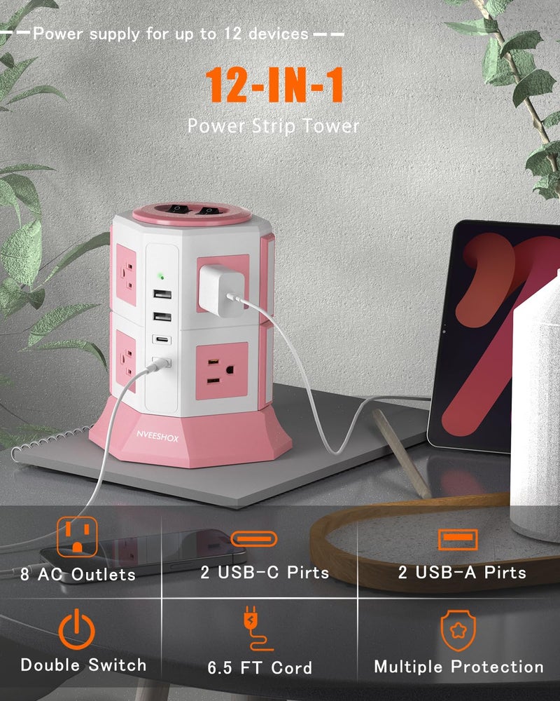 NVEESHOX Surge Protector Power Strip Tower, 10 Feet Ultra Flat Extension Cord with 12 AC Outlets 5 USB Ports(2 Type C), Desktop Charging Station, Flat Plug Outlet Extender for Home Office Dorm - Image 2