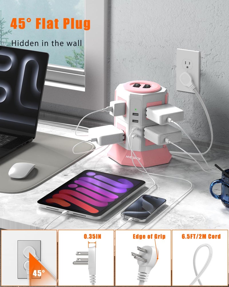 NVEESHOX Surge Protector Power Strip Tower, 10 Feet Ultra Flat Extension Cord with 12 AC Outlets 5 USB Ports(2 Type C), Desktop Charging Station, Flat Plug Outlet Extender for Home Office Dorm - Image 3