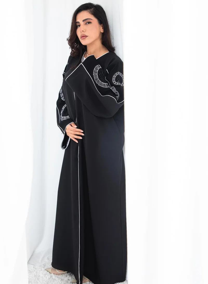 MSquare Fashion Black Phua Fabric Abaya with Thread Work Embroidery and Headscarf