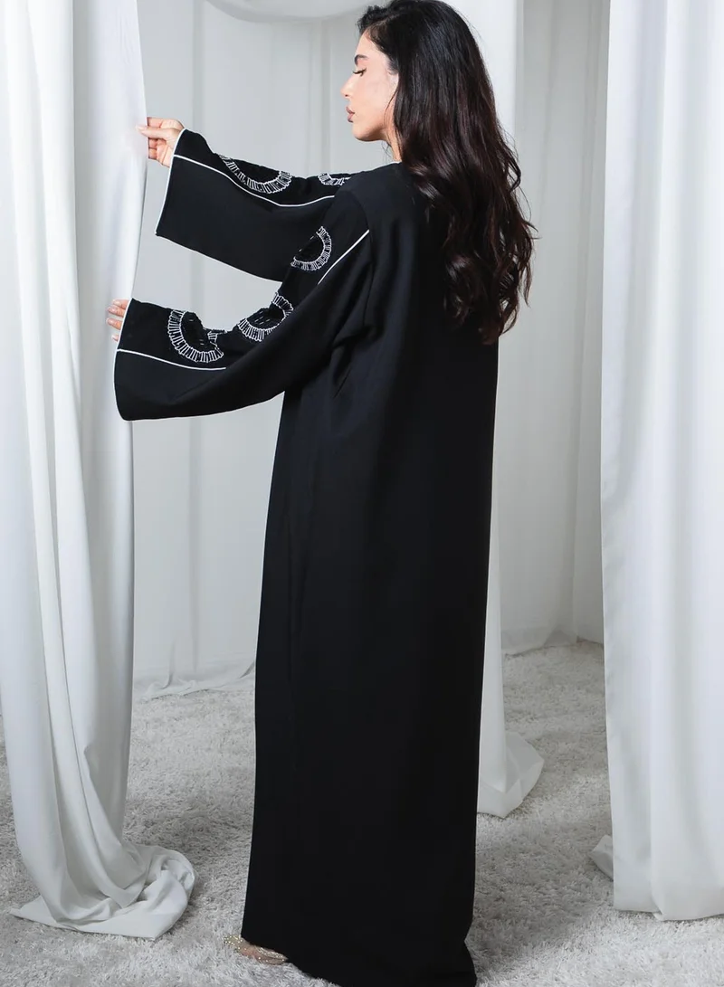 MSquare Fashion Black Phua Fabric Abaya with Thread Work Embroidery and Headscarf
