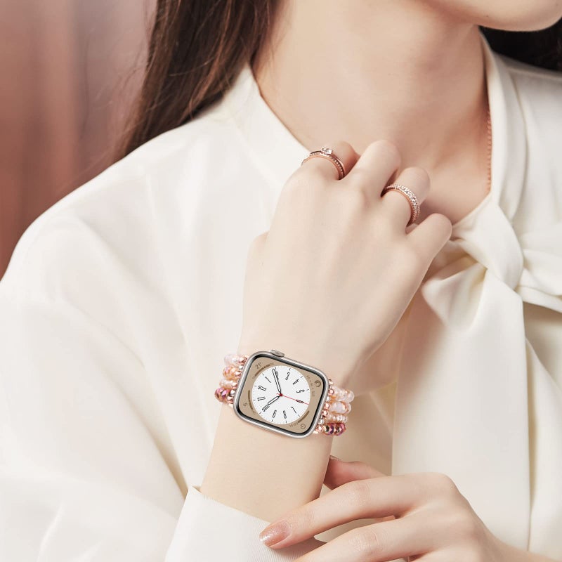 MOFREE Beaded Bracelet Compatible with Apple Watch Band 38mm/40mm/41mm/42mm, Fashion Elastic Stretch Women Bands for iWatch Series 11/10/9/8/7/SE/6/5/4/3/2/1 iPhone Watch Strap Bands Rose Gold/Crystal - Image 4