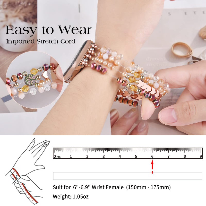 MOFREE Beaded Bracelet Compatible with Apple Watch Band 38mm/40mm/41mm/42mm, Fashion Elastic Stretch Women Bands for iWatch Series 11/10/9/8/7/SE/6/5/4/3/2/1 iPhone Watch Strap Bands Rose Gold/Crystal - Image 3