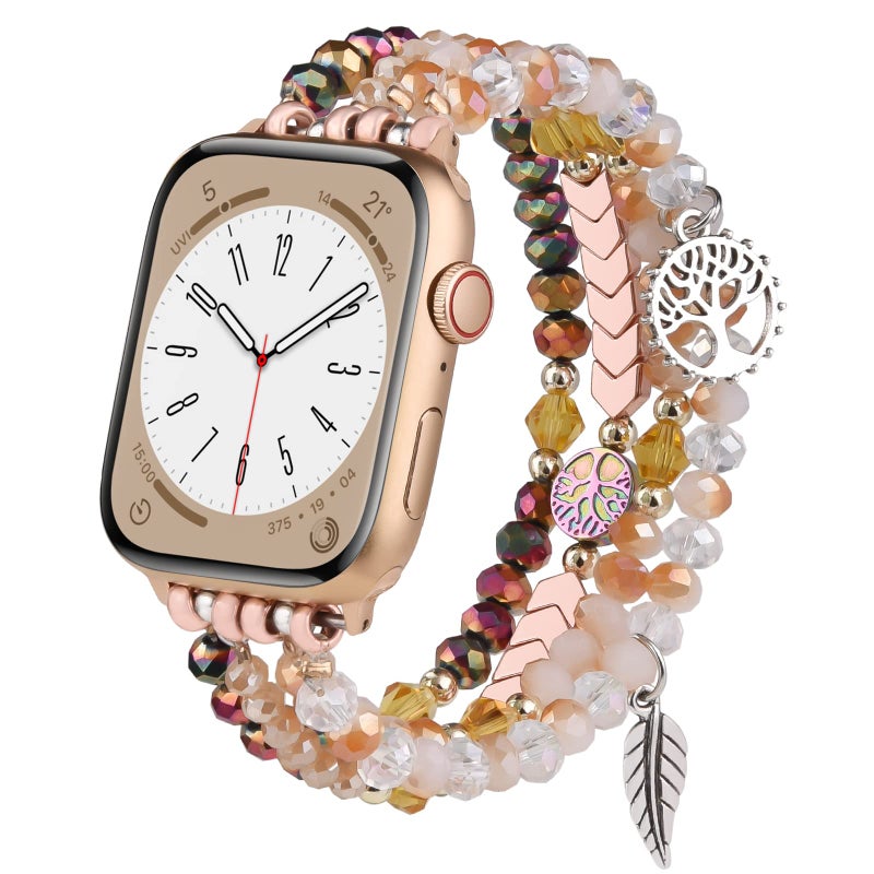 MOFREE Beaded Bracelet Compatible with Apple Watch Band 38mm/40mm/41mm/42mm, Fashion Elastic Stretch Women Bands for iWatch Series 11/10/9/8/7/SE/6/5/4/3/2/1 iPhone Watch Strap Bands Rose Gold/Crystal - Image 1