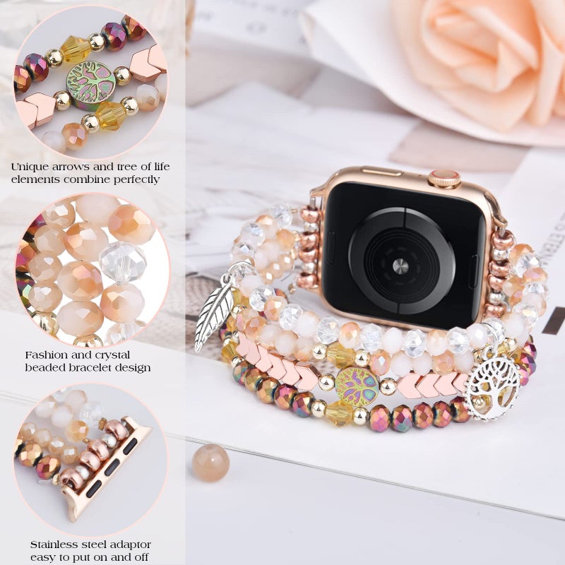 MOFREE Beaded Bracelet Compatible with Apple Watch Band 38mm/40mm/41mm/42mm, Fashion Elastic Stretch Women Bands for iWatch Series 11/10/9/8/7/SE/6/5/4/3/2/1 iPhone Watch Strap Bands Rose Gold/Crystal - Image 2