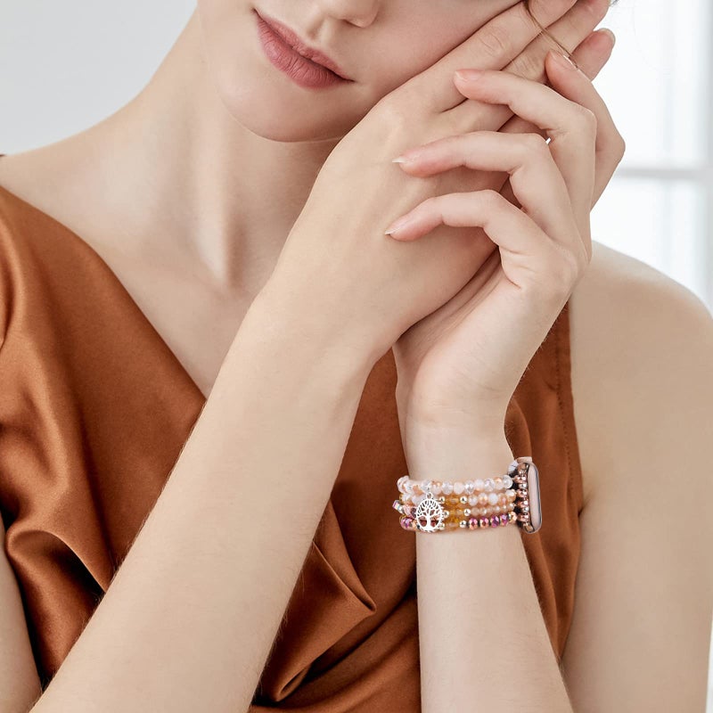 MOFREE Beaded Bracelet Compatible with Apple Watch Band 38mm/40mm/41mm/42mm, Fashion Elastic Stretch Women Bands for iWatch Series 11/10/9/8/7/SE/6/5/4/3/2/1 iPhone Watch Strap Bands Rose Gold/Crystal - Image 5