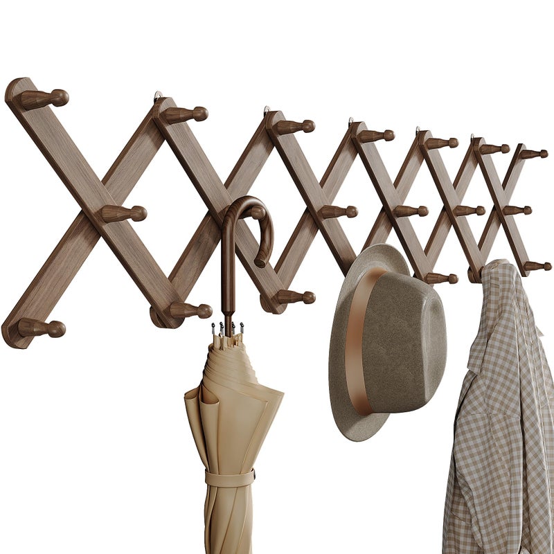 OROPY Wood Accordion Wall Hanger Expandable Coat Rack Wall Mount with 20 Pegs Expanding Hat Rack for Wall Walnut Color