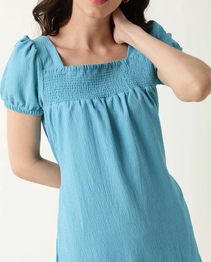 Rareism Rareism Women Empress Blue Smoked Square Neck Puff Sleeves With Fabric Waist Belt And Pockets High Low Dress