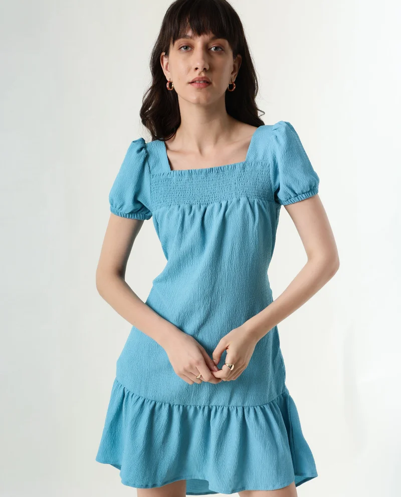 Rareism Rareism Women Empress Blue Smoked Square Neck Puff Sleeves With Fabric Waist Belt And Pockets High Low Dress