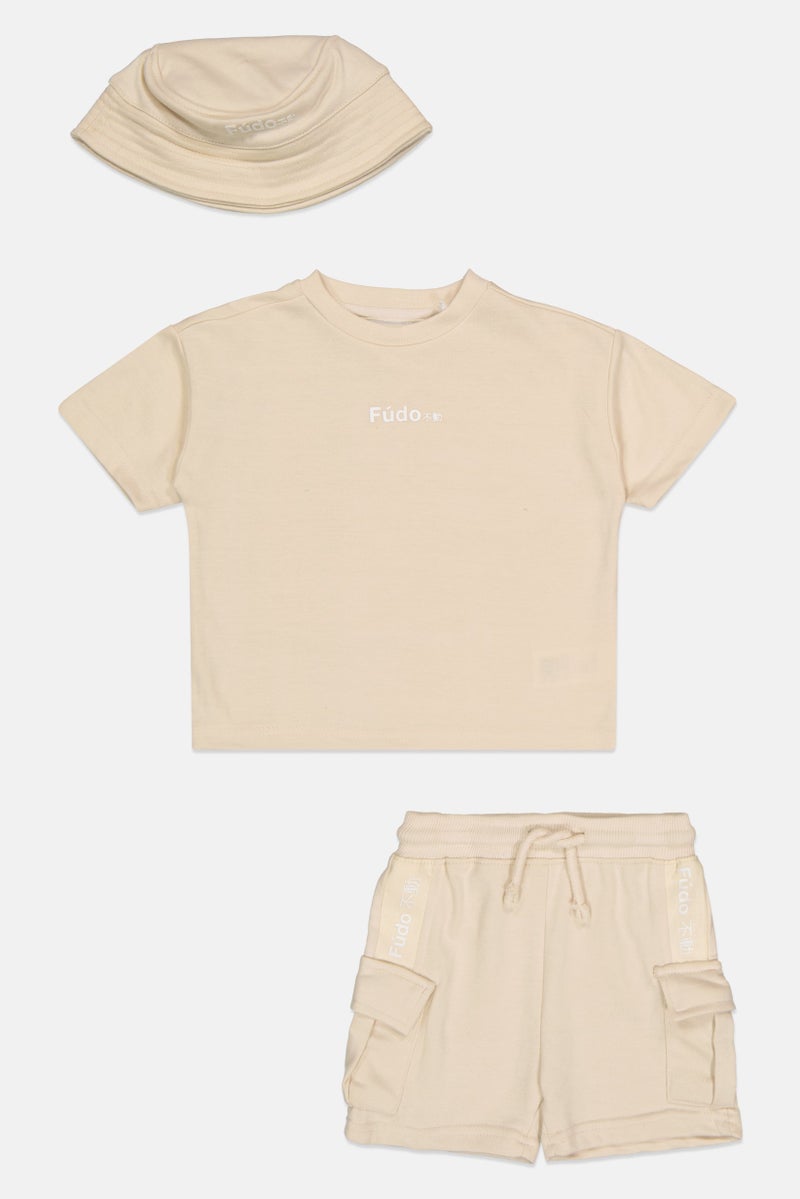 Fudo Toddlers Boy 3Pcs Short Sleeve Top And Shorts Set, Beige - Image 1
