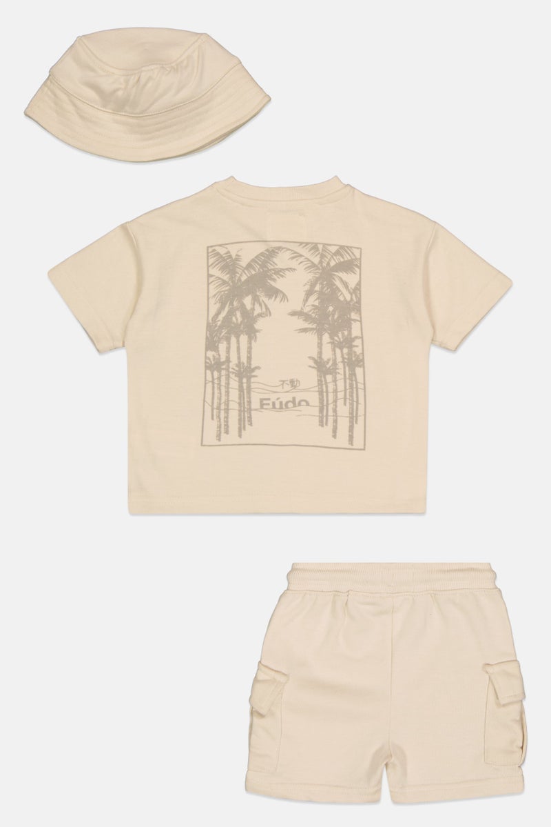 Fudo Toddlers Boy 3Pcs Short Sleeve Top And Shorts Set, Beige - Image 2