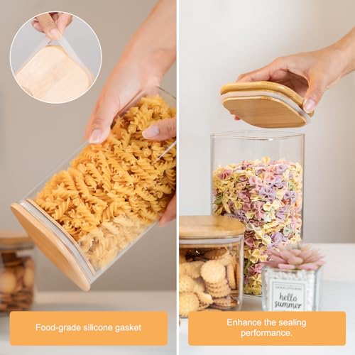 YUNCANG Glass Storage Jars 6 Pack 37oz Clear Glass Food Storage Containers with Airtight Bamboo Lid Stackable Kitchen Canisters for Candy,Cookie,Rice,Sugar,Flour,Pasta,Nuts and Spice Jars(Square) - Image 2