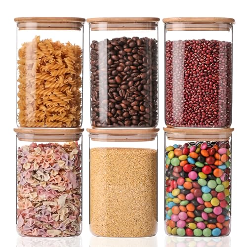 YUNCANG Glass Storage Jars 6 Pack 37oz Clear Glass Food Storage Containers with Airtight Bamboo Lid Stackable Kitchen Canisters for Candy,Cookie,Rice,Sugar,Flour,Pasta,Nuts and Spice Jars(Square) - Image 1