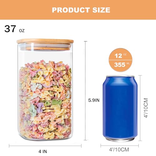 YUNCANG Glass Storage Jars 6 Pack 37oz Clear Glass Food Storage Containers with Airtight Bamboo Lid Stackable Kitchen Canisters for Candy,Cookie,Rice,Sugar,Flour,Pasta,Nuts and Spice Jars(Square) - Image 3