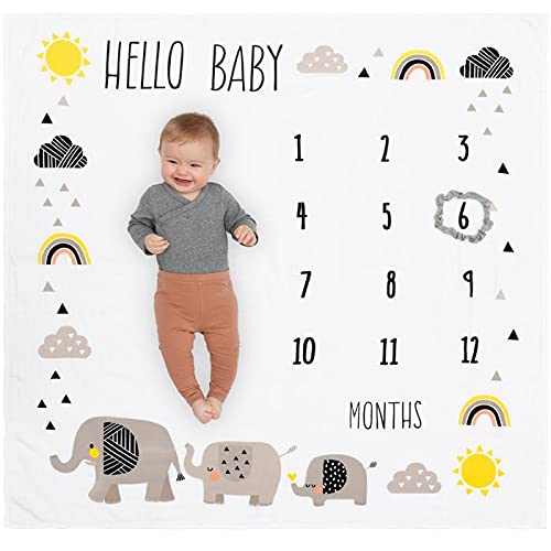 Pondering Pine Organic Baby Monthly Milestone Blanket Elephant Milestone Blanket Baby Boy or Girl with Month Marker Elephants Milestones Blanket 112 Months Hello Baby 47 X 47 - Image 1