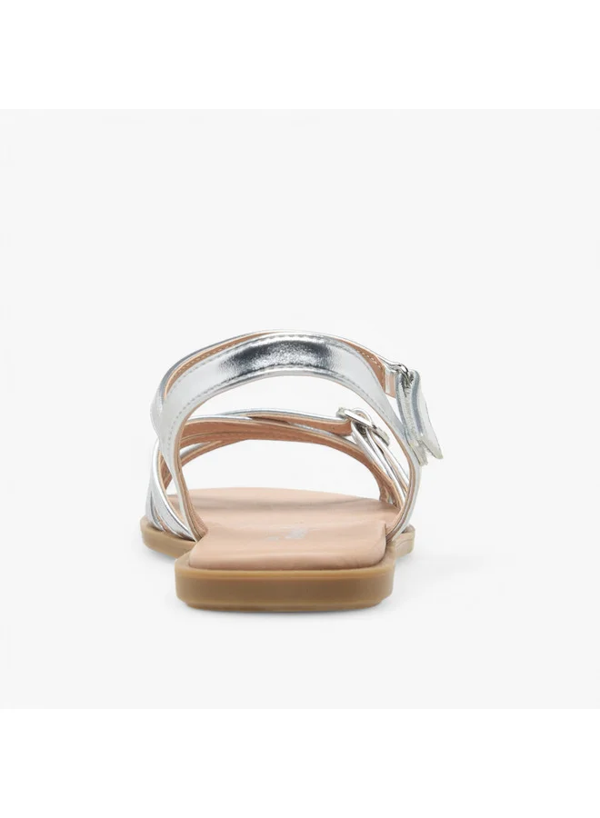 Little Missy Girls Buckle Detail Flat Sandals with Hook and Loop Closure