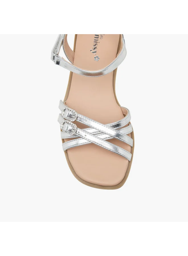 Little Missy Girls Buckle Detail Flat Sandals with Hook and Loop Closure