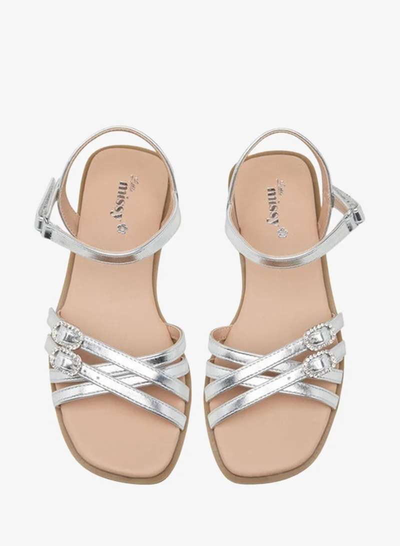 Little Missy Girls Buckle Detail Flat Sandals with Hook and Loop Closure